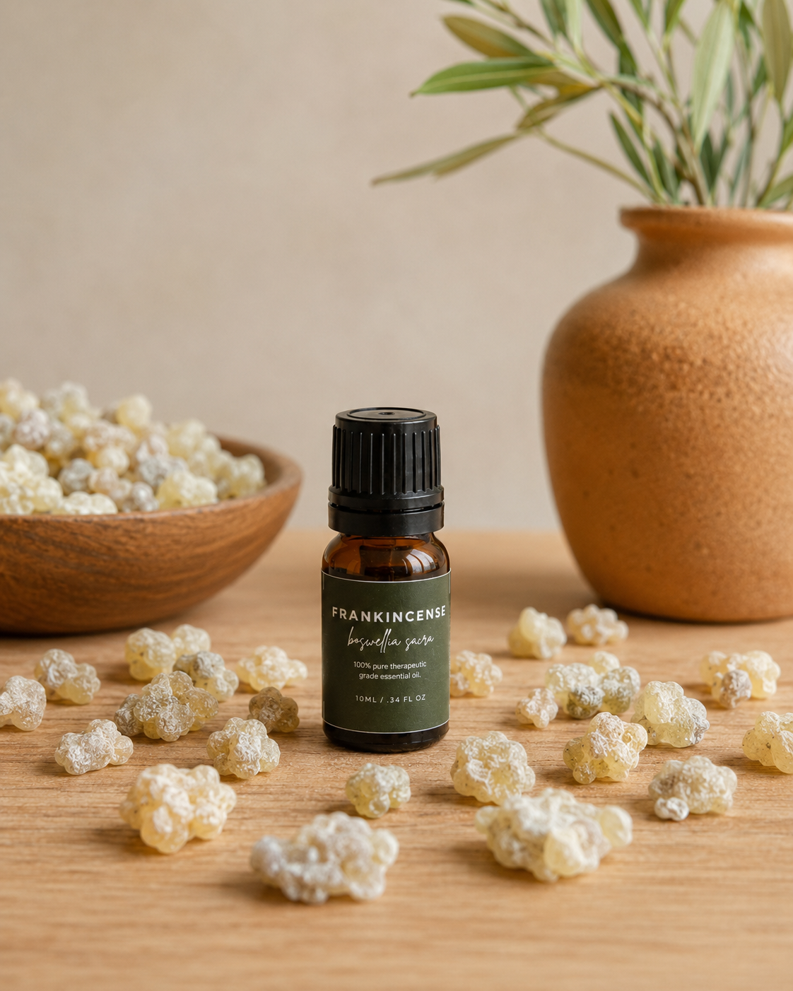 A small amber glass bottle labeled FRANKINCENSE  oil stands on a wooden surface, surrounded by resin pieces, with a bowl of resin and a terracotta vase with greenery in the background.
