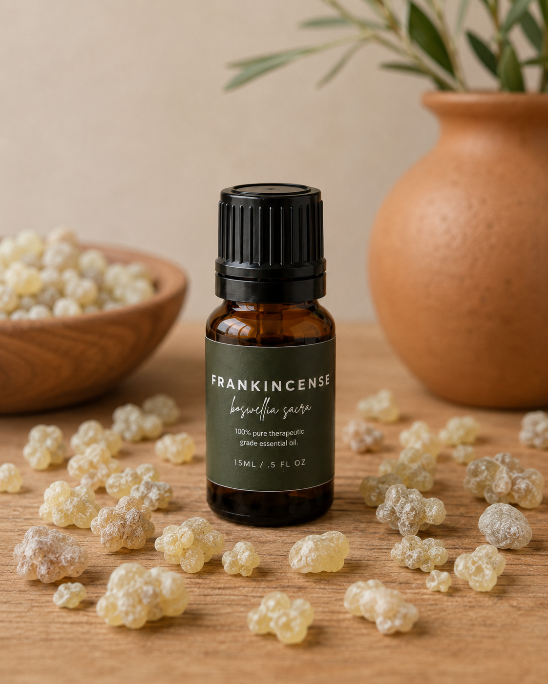 A small amber glass bottle of Frankincense essential oil with a black cap and dark olive-green label, styled on a wooden surface with scattered resin pieces, a wooden bowl, and a terracotta vase in the background.