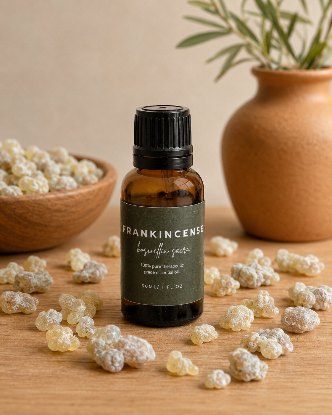 A small amber glass bottle labeled FRANKINCENSE with a black cap stands on a wooden surface, surrounded by frankincense resin . A wooden bowl with resin appears on the left, and a terracotta vase with greenery appears on the right, against a warm beige background.