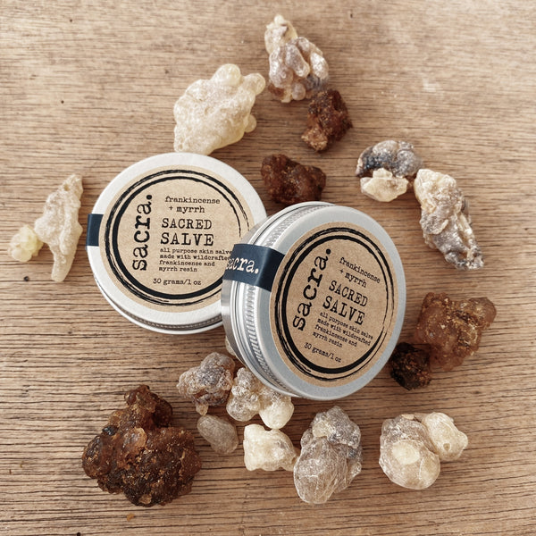 Jar of Frankincense & Myrrh Sacred Salve handcrafted with Premium Omani Hojari frankincense, myrrh, and nourishing natural ingredients for daily skin care.