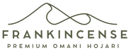 A minimalist logo on a white background featuring a dark olive green line drawing above the text 'FRANKINCENSE' and 'PREMIUM OMANI HOJARI'.