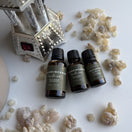 10 ml, 15 ml, and 30 ml bottles of Premium Omani Hojari Frankincense Essential Oil displayed with a traditional frankincense resin burner and authentic Boswellia sacra resin from Dhofar, Oman.