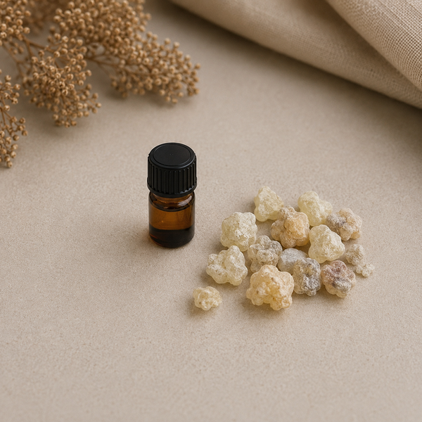 1 ml sample bottle of Premium Omani Hojari Frankincense Essential Oil (Boswellia sacra), steam distilled from authentic frankincense resin harvested in the Dhofar region of Oman.