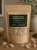 100 g kraft bag of Premium Omani Hojari Boswellia sacra frankincense resin, sustainably harvested in the Dhofar region of Oman.